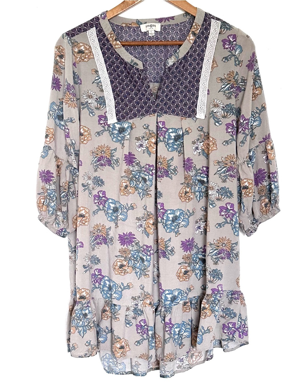 Umgee Tunic Women’s Large Floral Boho 3/4 Sleeve Lightweight Pullover Shirt Top